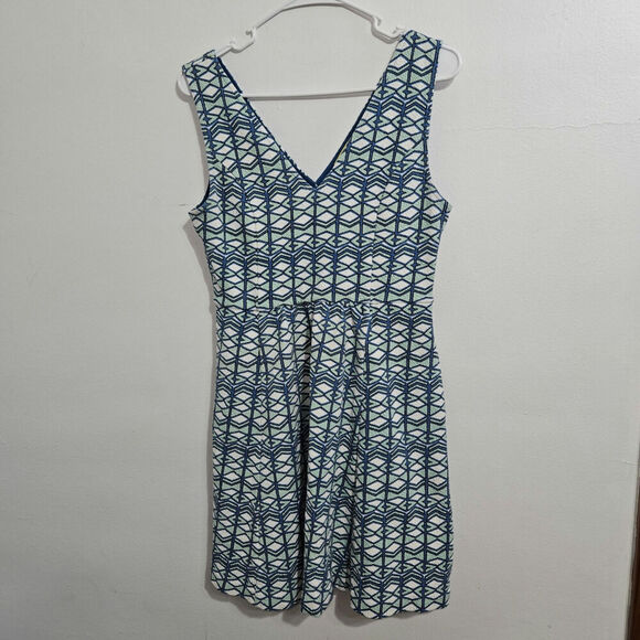 Anthropologie Maeve Green Blue Geometric Fit and Flare Cutout Mini Dress Size 12 - Picture 3 of 8